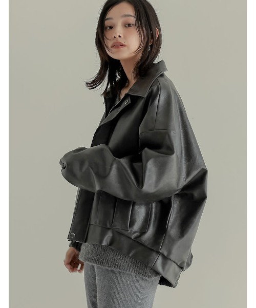 Re:EDIT（リエディ）の「[2025AW COLLECTION][低身長サイズ有]フェイクレザージップブルゾン（ブルゾン・レディース・ブラウン/ブラック・MEDIUM/LARGE/SHORT）」の14枚目の写真