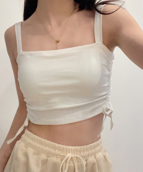 Lace Ladies(レースレディース)の「ソリッドカラー サイド シャーリング カップ付き キャミソール(キャミソール・レディース・グレー/ブルー/ブラック/ホワイト/グリーン・FREE)」の2枚目の写真