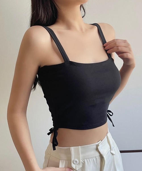 Lace Ladies(レースレディース)の「ソリッドカラー サイド シャーリング カップ付き キャミソール(キャミソール・レディース・グレー/ブルー/ブラック/ホワイト/グリーン・FREE)」の3枚目の写真