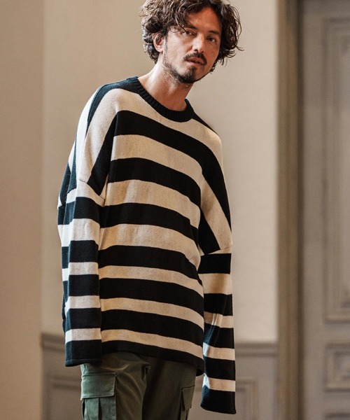 CAMBIO（カンビオ）の「mn3079- Cashmere Blend Border Knit Pullover ボーダーニット（ニット/セーター・メンズ・ホワイト×ブラック・S/M/L）」の16枚目の写真