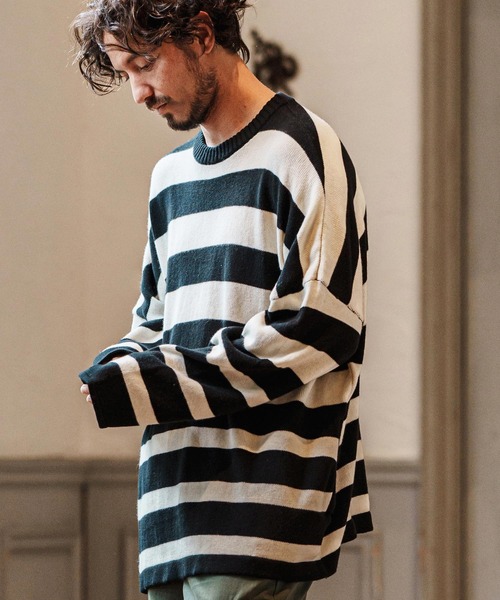 CAMBIO（カンビオ）の「mn3079- Cashmere Blend Border Knit Pullover ボーダーニット（ニット/セーター・メンズ・ホワイト×ブラック・S/M/L）」の12枚目の写真
