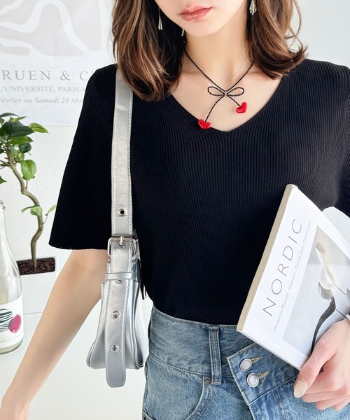 セール】夏も快適♪Vネックハーフスリーブリブニット（Tシャツ