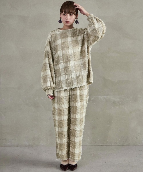 Fashion Letter(ファッションレター)の「【セットアップ可能】ブロックチェック フリンジトップス(シャツ/ブラウス・レディース・ベージュ/ネイビー/ブラック・M)」の5枚目の写真