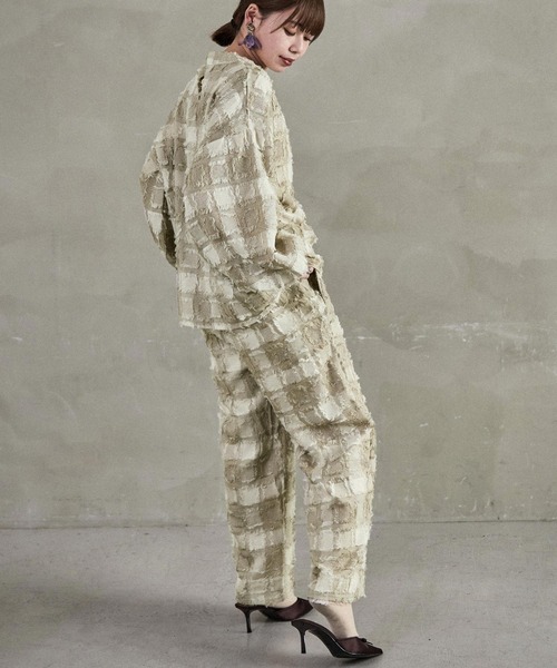 Fashion Letter(ファッションレター)の「【セットアップ可能】ブロックチェック フリンジトップス(シャツ/ブラウス・レディース・ベージュ/ネイビー/ブラック・M)」の7枚目の写真