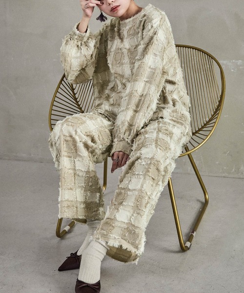 Fashion Letter(ファッションレター)の「【セットアップ可能】ブロックチェック フリンジトップス(シャツ/ブラウス・レディース・ベージュ/ネイビー/ブラック・M)」の4枚目の写真