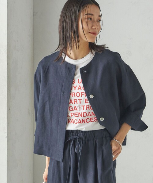 SHIPS（シップス）の「SHIPS Primary Navy Label:麻 レーヨン ノーカラー 羽織（シャツ/ブラウス・レディース・ベージュ/ネイビー/ライトブルー・36/38）」の2枚目の写真
