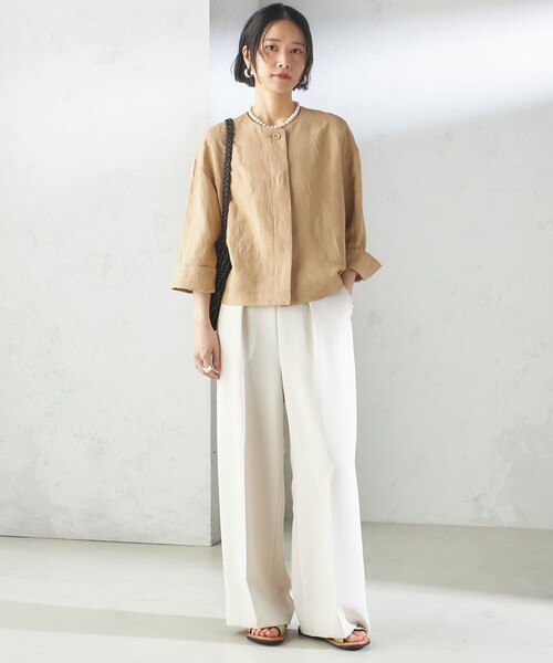 SHIPS（シップス）の「SHIPS Primary Navy Label:麻 レーヨン ノーカラー 羽織（シャツ/ブラウス・レディース・ベージュ/ネイビー/ライトブルー・36/38）」の4枚目の写真