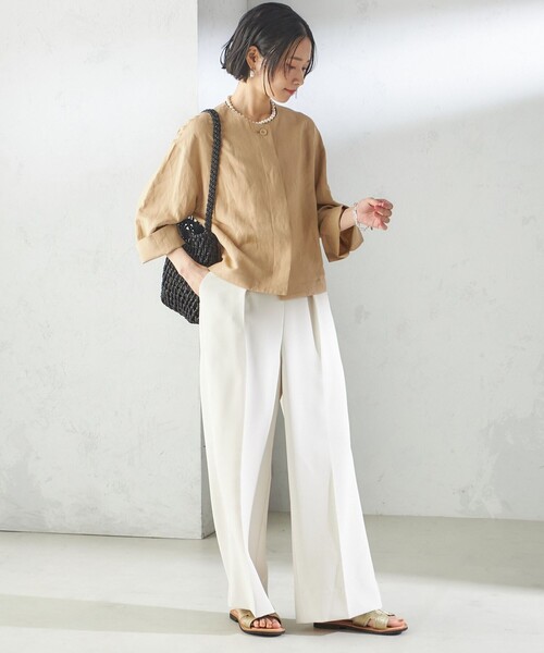 SHIPS（シップス）の「SHIPS Primary Navy Label:麻 レーヨン ノーカラー 羽織（シャツ/ブラウス・レディース・ベージュ/ネイビー/ライトブルー・36/38）」の7枚目の写真