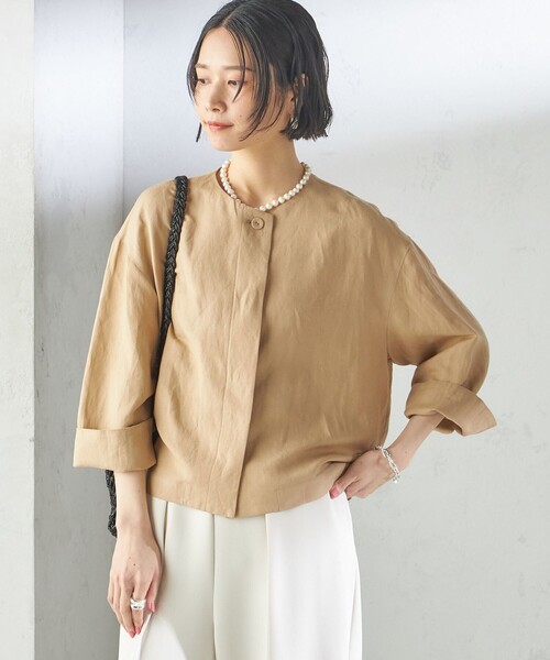 SHIPS（シップス）の「SHIPS Primary Navy Label:麻 レーヨン ノーカラー 羽織（シャツ/ブラウス・レディース・ベージュ/ネイビー/ライトブルー・36/38）」の11枚目の写真