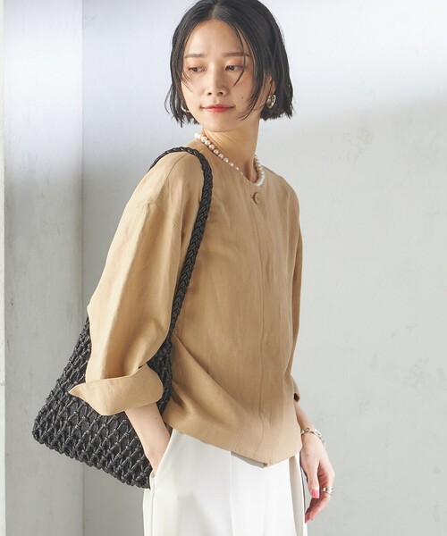 SHIPS（シップス）の「SHIPS Primary Navy Label:麻 レーヨン ノーカラー 羽織（シャツ/ブラウス・レディース・ベージュ/ネイビー/ライトブルー・36/38）」の14枚目の写真