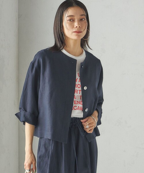 SHIPS Primary Navy Label:麻 レーヨン ノーカラー 羽織（シャツ