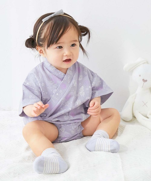 devirock(デビロック)の「着心地やわらか おやすみ甚平 ロンパース(浴衣・キッズ・ピンク系1/ブルー系1/ネイビー系1/グレー系1・70cm/80cm)」の1枚目の写真