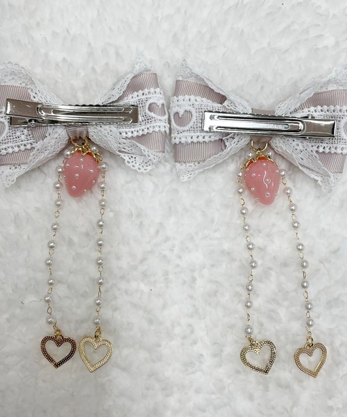 いちご　バーバリー　お得　バレッタ髪飾り２個セット いちご×ハートレースりぼん2個SET（バレッタ/ヘアクリップ）｜MA