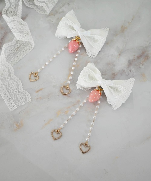 いちご×ハートレースりぼん2個SET（バレッタ/ヘアクリップ）｜MA