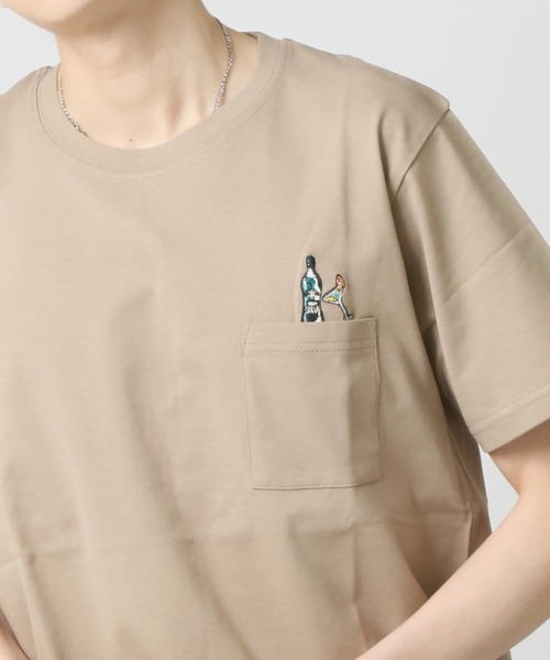 【tetsu 】ami LOGO ベージュ 半袖シャツ ポケット付き セール】コットンUSA ワンポイント刺繍 プリント半袖Tシャツ（T