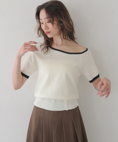 CLEIO(クレイオ)の「【CLEIO】バイカラーワンショルサマーニット BICOLOR ONE-SHOULDER SUMMER KNIT/737-13675(ニット/セーター・レディース・ホワイト/ブラック/ホワイト×ブルー/レモンイエロー・FREE)」の2枚目の写真