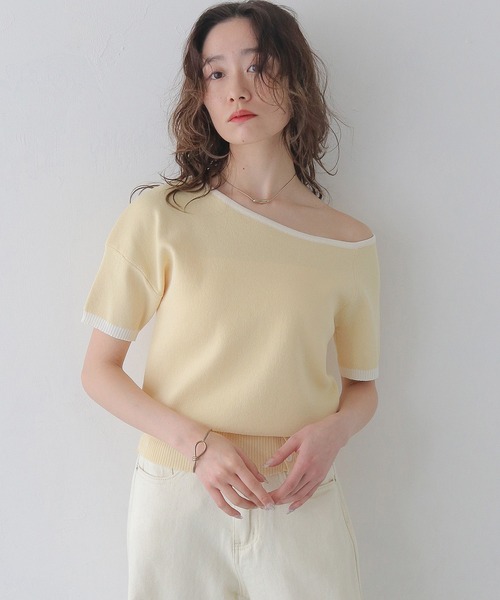 CLEIO(クレイオ)の「【CLEIO】バイカラーワンショルサマーニット BICOLOR ONE-SHOULDER SUMMER KNIT/737-13675(ニット/セーター・レディース・ホワイト/ブラック/ホワイト×ブルー/レモンイエロー・FREE)」の4枚目の写真