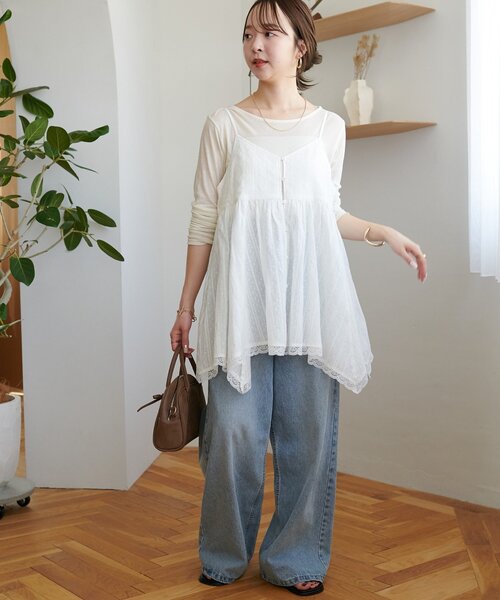 DISCOAT（ディスコート）の「【WEB限定】アシメヘムレースキャミチュニック（チュニック・レディース・ブラック/オフホワイト・FREE）」の4枚目の写真