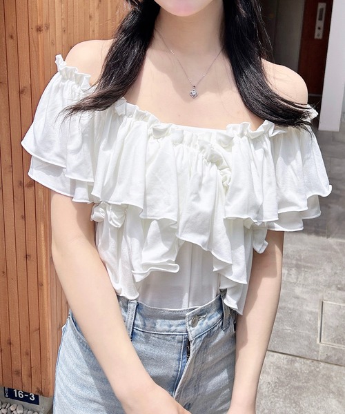 INGNI（イング）の「オフショルフリルトップス（Tシャツ/カットソー・レディース・イエロー/ブラック/ライトピンク/オフホワイト・M）」の6枚目の写真