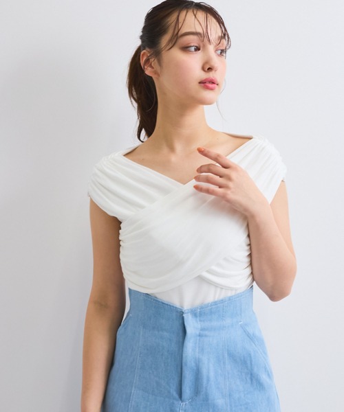 QUEENS COURT（クイーンズコート）の「フロントクロスオフショルカットトップス≪手洗い可能≫（Tシャツ/カットソー・レディース・ブラック/ピンク/オフホワイト・M）」の10枚目の写真