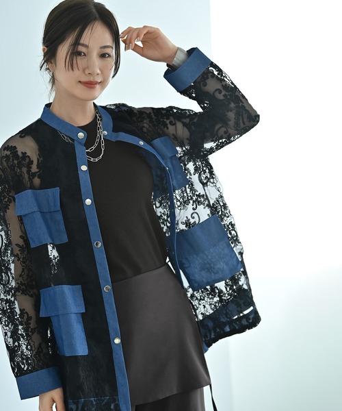 STYLE DELI（スタイルデリ）の「【BLK001】デニム×レースMIXシアーシャツ（シャツ/ブラウス・レディース・ブラック系その他・FREE）」の5枚目の写真