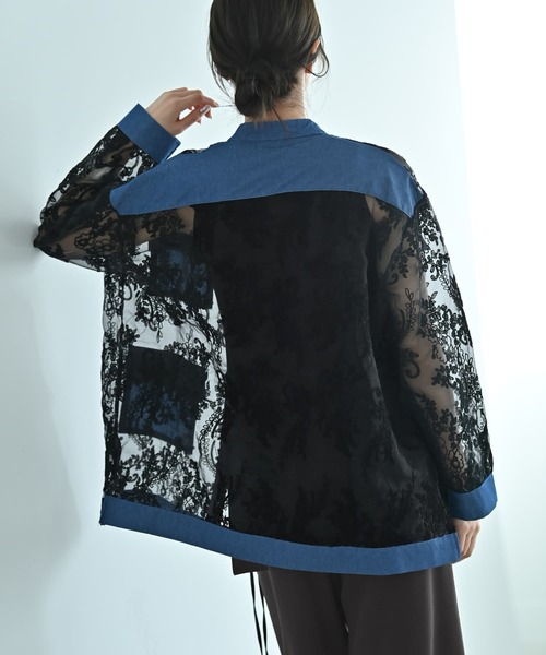 STYLE DELI（スタイルデリ）の「【BLK001】デニム×レースMIXシアーシャツ（シャツ/ブラウス・レディース・ブラック系その他・FREE）」の7枚目の写真