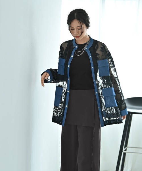 STYLE DELI（スタイルデリ）の「【BLK001】デニム×レースMIXシアーシャツ（シャツ/ブラウス・レディース・ブラック系その他・FREE）」の8枚目の写真