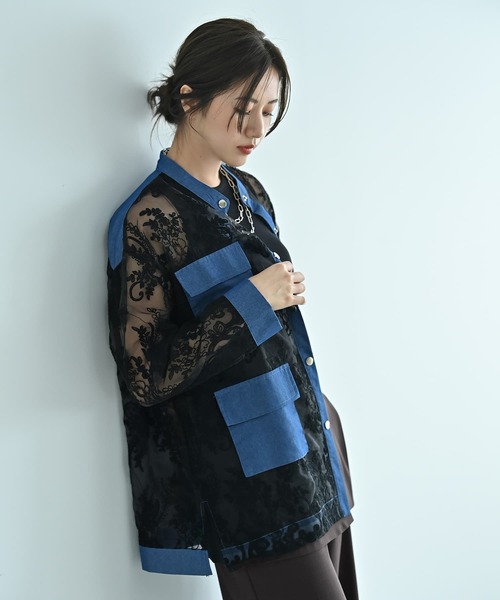 STYLE DELI（スタイルデリ）の「【BLK001】デニム×レースMIXシアーシャツ（シャツ/ブラウス・レディース・ブラック系その他・FREE）」の10枚目の写真