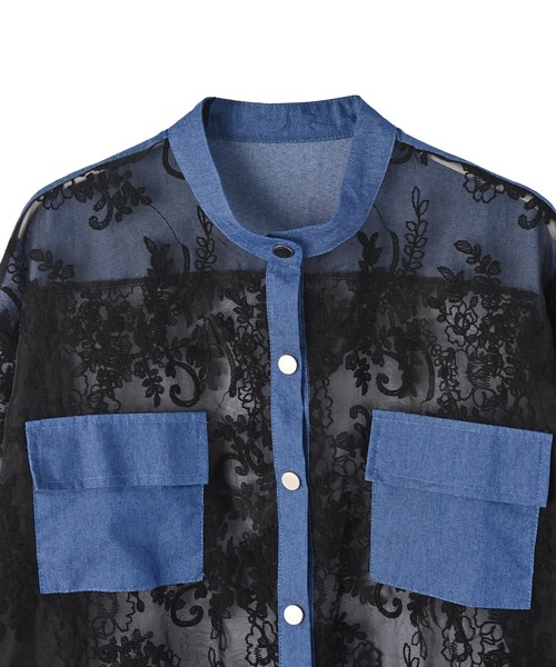 STYLE DELI（スタイルデリ）の「【BLK001】デニム×レースMIXシアーシャツ（シャツ/ブラウス・レディース・ブラック系その他・FREE）」の12枚目の写真