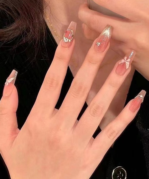 バタフライ ビジュー付き クリア アート ネイルチップ（ネイルシール