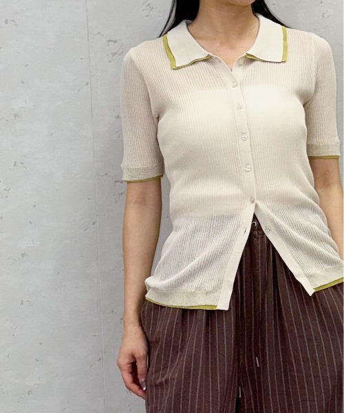 Per sist ence(パーシエンス)の「麻タッチ/バイカラー半袖ポロニットカーデ(カーディガン/ボレロ・レディース・チャコールグレー/ブラウン/グレー/アイボリー・ONE SIZE)」の8枚目の写真