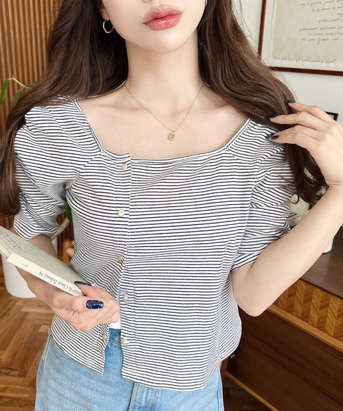 moment+(モーメントプラス)の「アシメスクエアネックボーダー半袖プルオーバー(Tシャツ/カットソー・レディース・ピンク/オフホワイト/グレー/ブラック/ネイビー・M)」の2枚目の写真