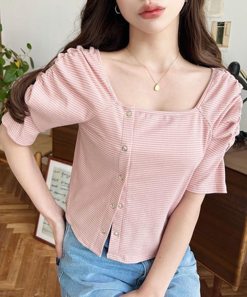 moment+(モーメントプラス)の「アシメスクエアネックボーダー半袖プルオーバー(Tシャツ/カットソー・レディース・ピンク/オフホワイト/グレー/ブラック/ネイビー・M)」の1枚目の写真