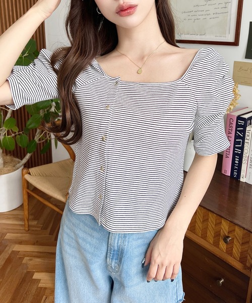 moment+(モーメントプラス)の「アシメスクエアネックボーダー半袖プルオーバー(Tシャツ/カットソー・レディース・ピンク/オフホワイト/グレー/ブラック/ネイビー・M)」の8枚目の写真