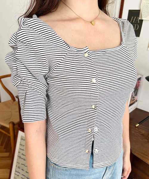 moment+(モーメントプラス)の「アシメスクエアネックボーダー半袖プルオーバー(Tシャツ/カットソー・レディース・ピンク/オフホワイト/グレー/ブラック/ネイビー・M)」の12枚目の写真