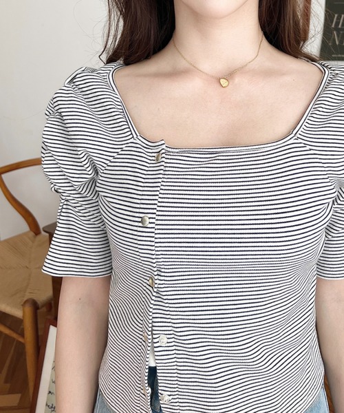 moment+(モーメントプラス)の「アシメスクエアネックボーダー半袖プルオーバー(Tシャツ/カットソー・レディース・ピンク/オフホワイト/グレー/ブラック/ネイビー・M)」の11枚目の写真