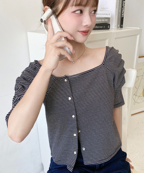 moment+(モーメントプラス)の「アシメスクエアネックボーダー半袖プルオーバー(Tシャツ/カットソー・レディース・ピンク/オフホワイト/グレー/ブラック/ネイビー・M)」の20枚目の写真