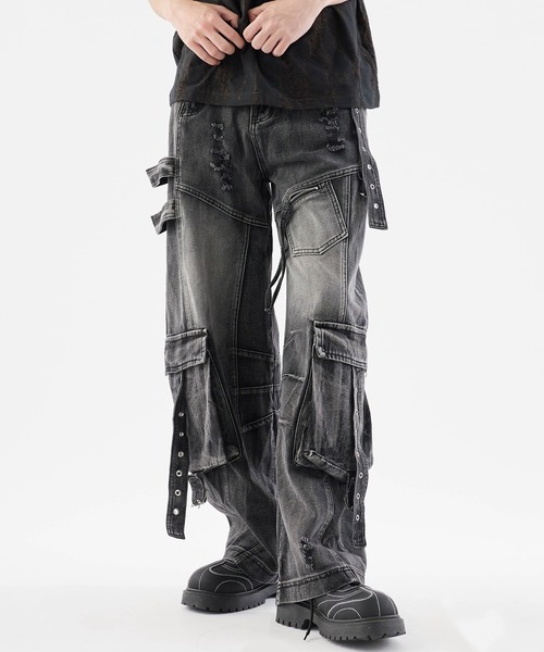 Cargo denim pants with design belt/デザインベルト付きカーゴ
