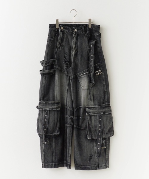 パンツ RAN select Belt cargo black denim Cargo denim pants with design belt/デザインベルト付きカーゴ