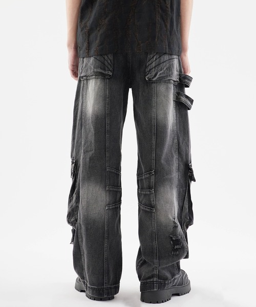 パンツ RAN select Belt cargo black denim Cargo denim pants with design belt/デザインベルト付きカーゴ