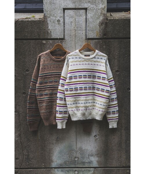 セール】ジャカード ストライプ クルーネック ニット（ニット/セーター