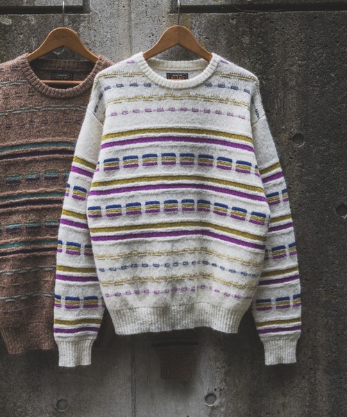 セール】ジャカード ストライプ クルーネック ニット（ニット/セーター