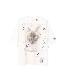 【MIHARAYASUHIRO/ミハラヤスヒロ】EMBELLISHED DISTRESSED TEE/ラインストーン&スタッズキャットプリントTシャツ/猫