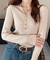 SEU（エスイーユー）の「Vネックリブニットトップス マンテルボタン ハーフボタン オフィスカジュアル きれいめカジュアル レディース（ニット/セーター）」