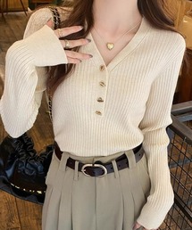 SEU（エスイーユー）の「Vネックリブニットトップス マンテルボタン ハーフボタン オフィスカジュアル きれいめカジュアル レディース（ニット/セーター）」