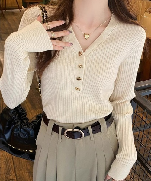 セール】Vネックリブニットトップス マンテルボタン ハーフボタン
