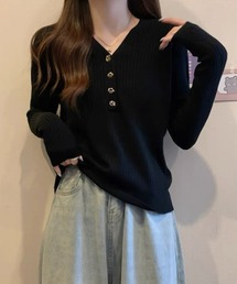 SEU（エスイーユー）の「Vネックリブニットトップス マンテルボタン ハーフボタン オフィスカジュアル きれいめカジュアル レディース（ニット/セーター）」