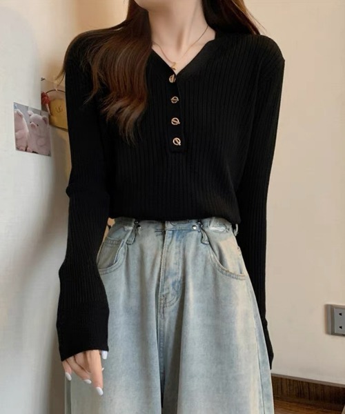 セール】Vネックリブニットトップス マンテルボタン ハーフボタン