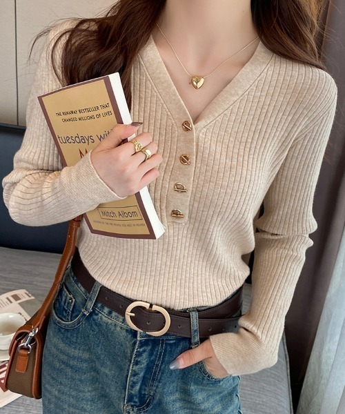 セール】Vネックリブニットトップス マンテルボタン ハーフボタン