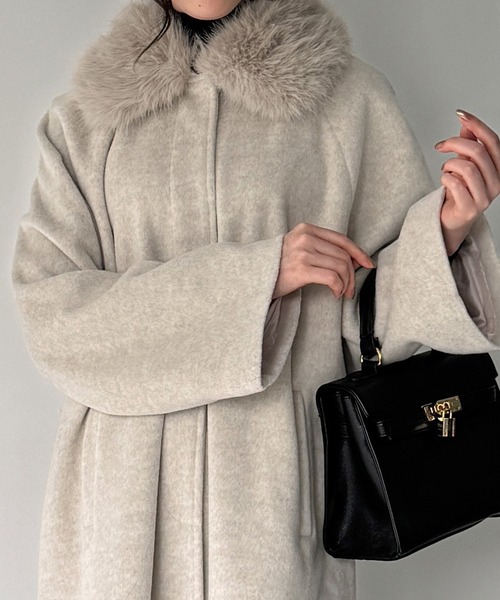 ファー付シャギーノーカラーコート セール】【取り外し可能】フェイクファーカラーシャギーコート（ノー